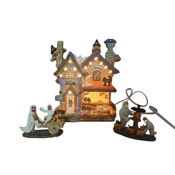 Hand Painted Lighted Ghoulville House Halloween Village Porcelain Figurines - Picture 5 of 10